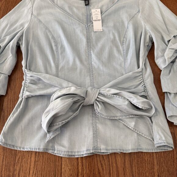 White House Black Market Bell Sleeve Blouse Womens Size 12 Denim Top Preppy Boho - Picture 8 of 14